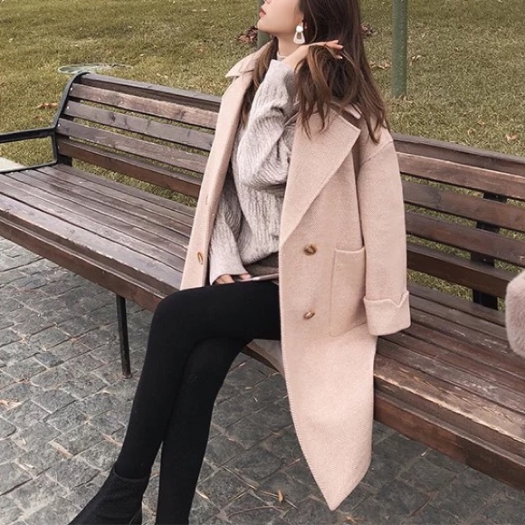 Coat stripe thick wool blend womens jacket khaki - Picture 5 of 9